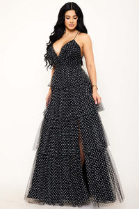 POLKADOT MESH PLEATED MULTI LAYER MAXI DRESS