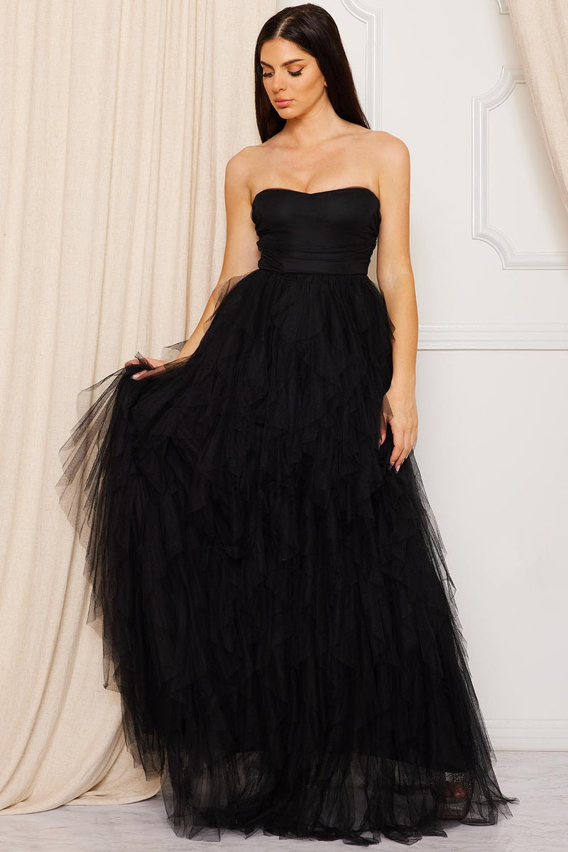 RUFFLED TIER TULLE TUBE TOP MAXI DRESS