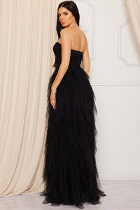 RUFFLED TIER TULLE TUBE TOP MAXI DRESS