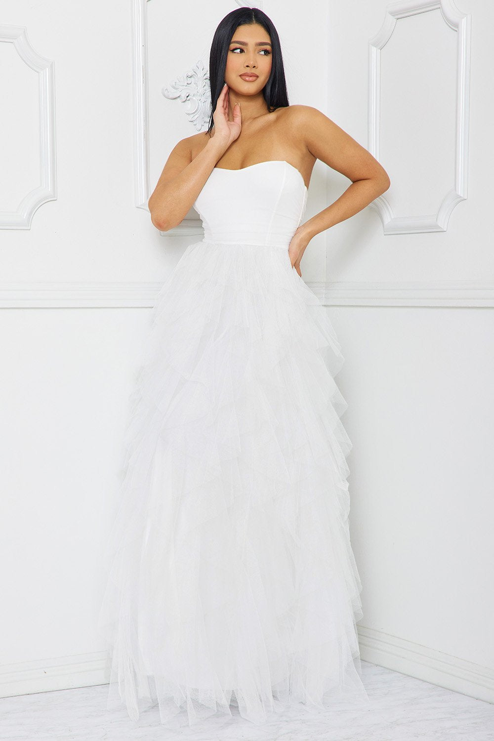 RUFFLED TIER TULLE TUBE TOP MAXI DRESS