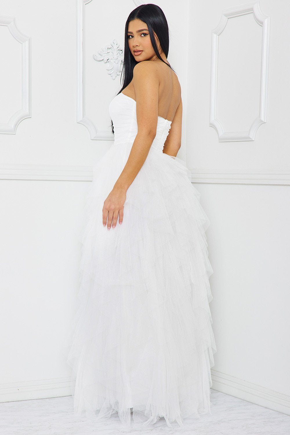 RUFFLED TIER TULLE TUBE TOP MAXI DRESS