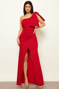 ONE SHOULDER OVERSIZED BOW ON SLEEVE MAXI DRESS