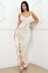 SEQUIN RUFFLE ACROSS BODY MAXI DRESS