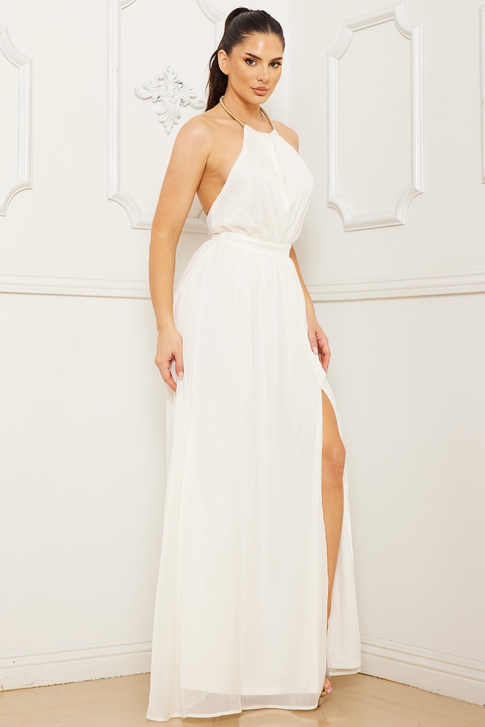 HALTER SURPLICE WITH CHAIN NECKLACE MAXI DRESS