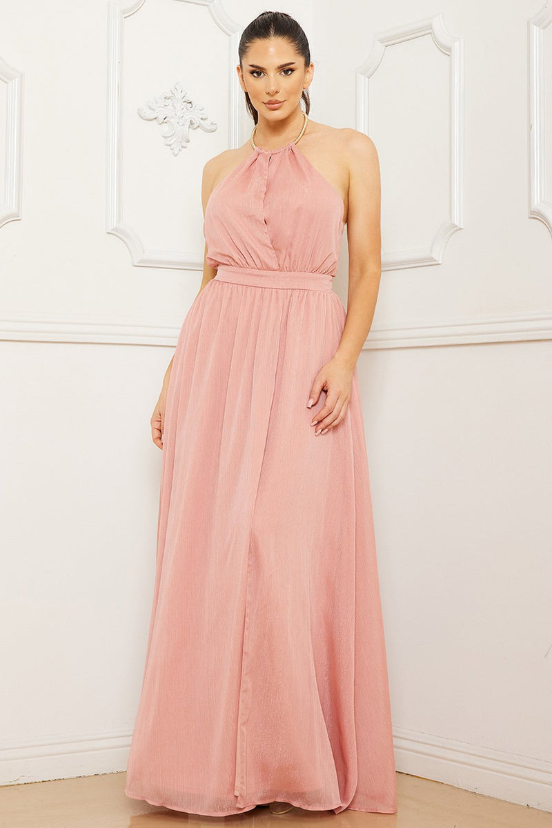 HALTER SURPLICE WITH CHAIN NECKLACE MAXI DRESS