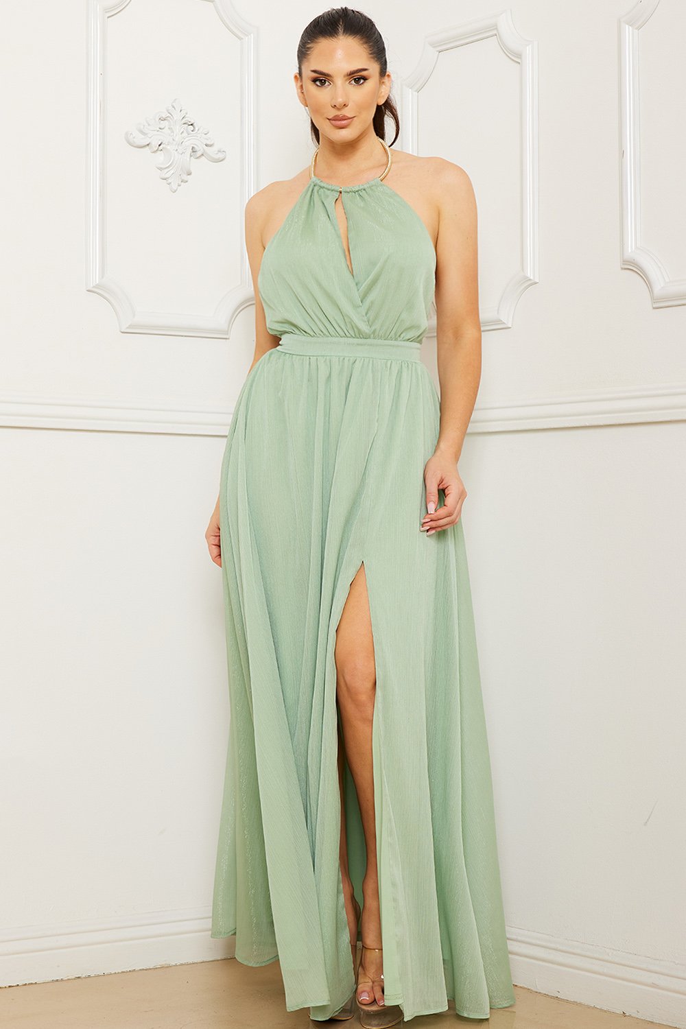 HALTER SURPLICE WITH CHAIN NECKLACE MAXI DRESS