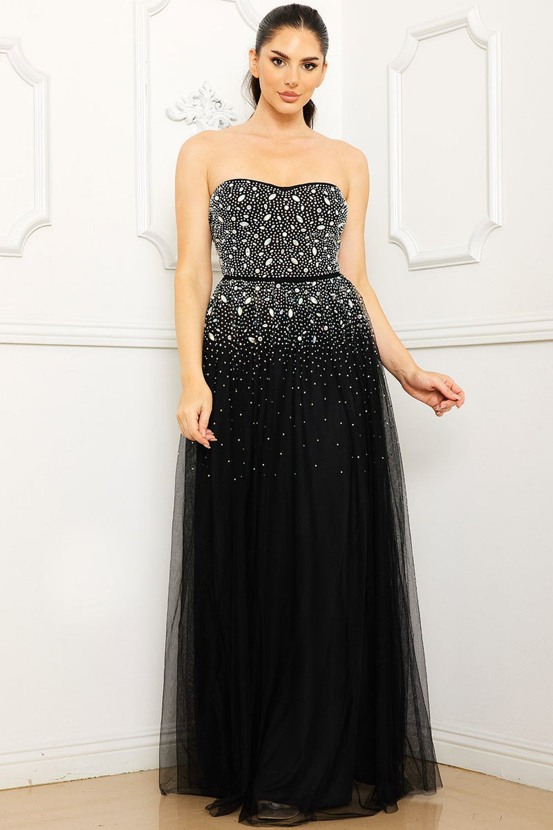 GLITTERED AND RHINESTONE TUBETOP MAXI DRESS