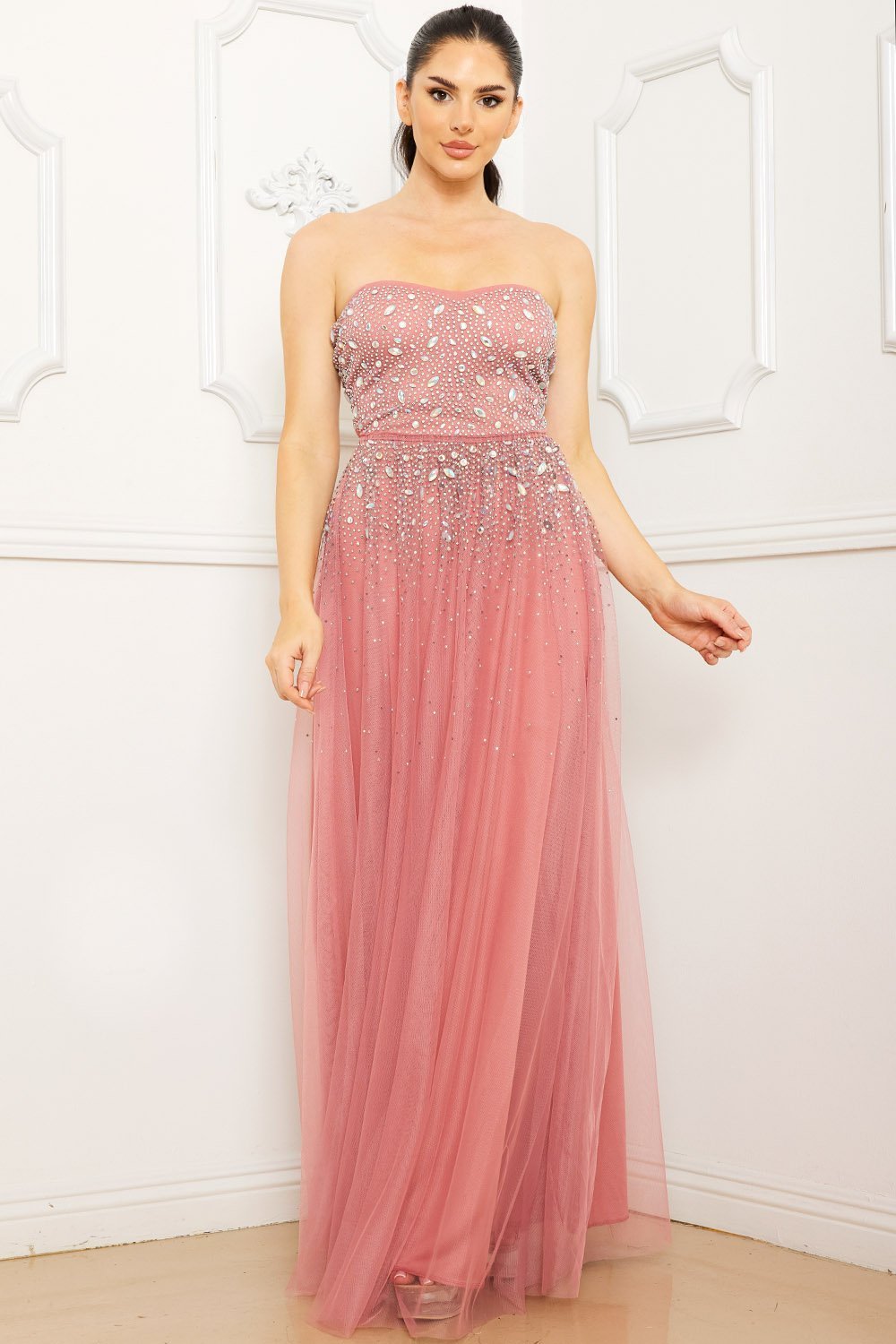 GLITTERED AND RHINESTONE TUBETOP MAXI DRESS