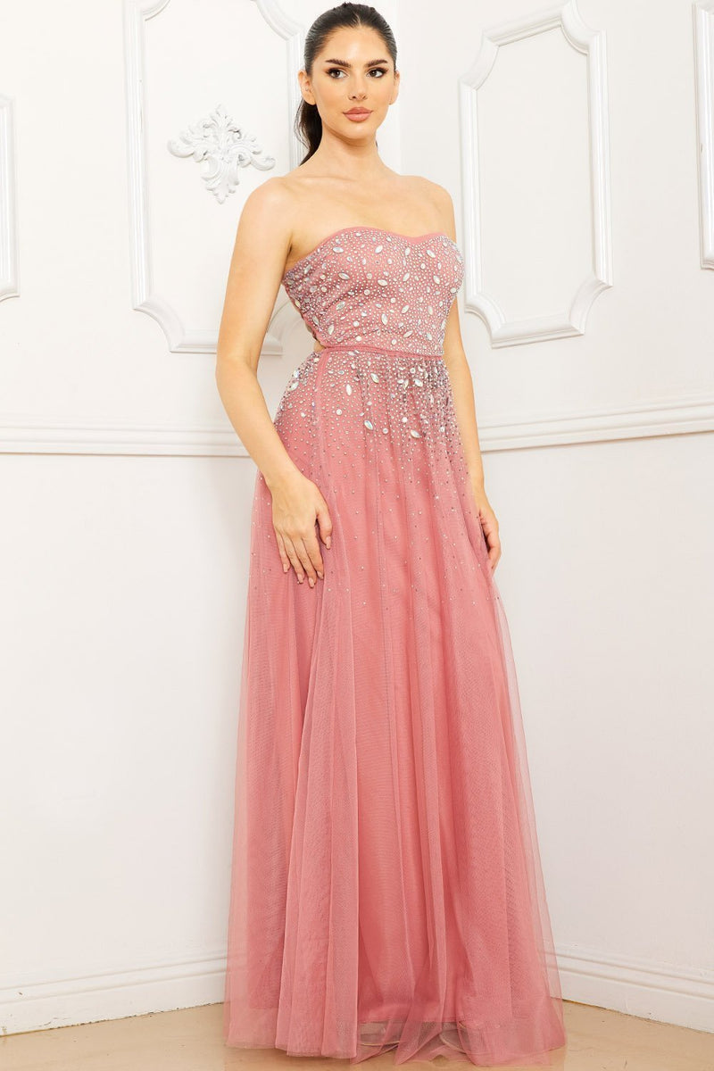 GLITTERED AND RHINESTONE TUBETOP MAXI DRESS