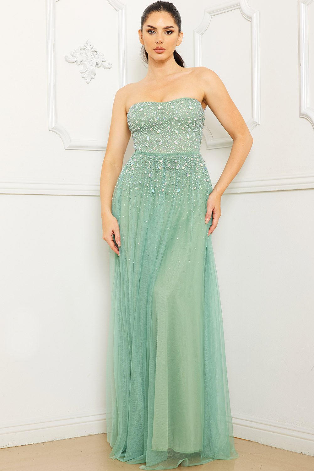 GLITTERED AND RHINESTONE TUBETOP MAXI DRESS