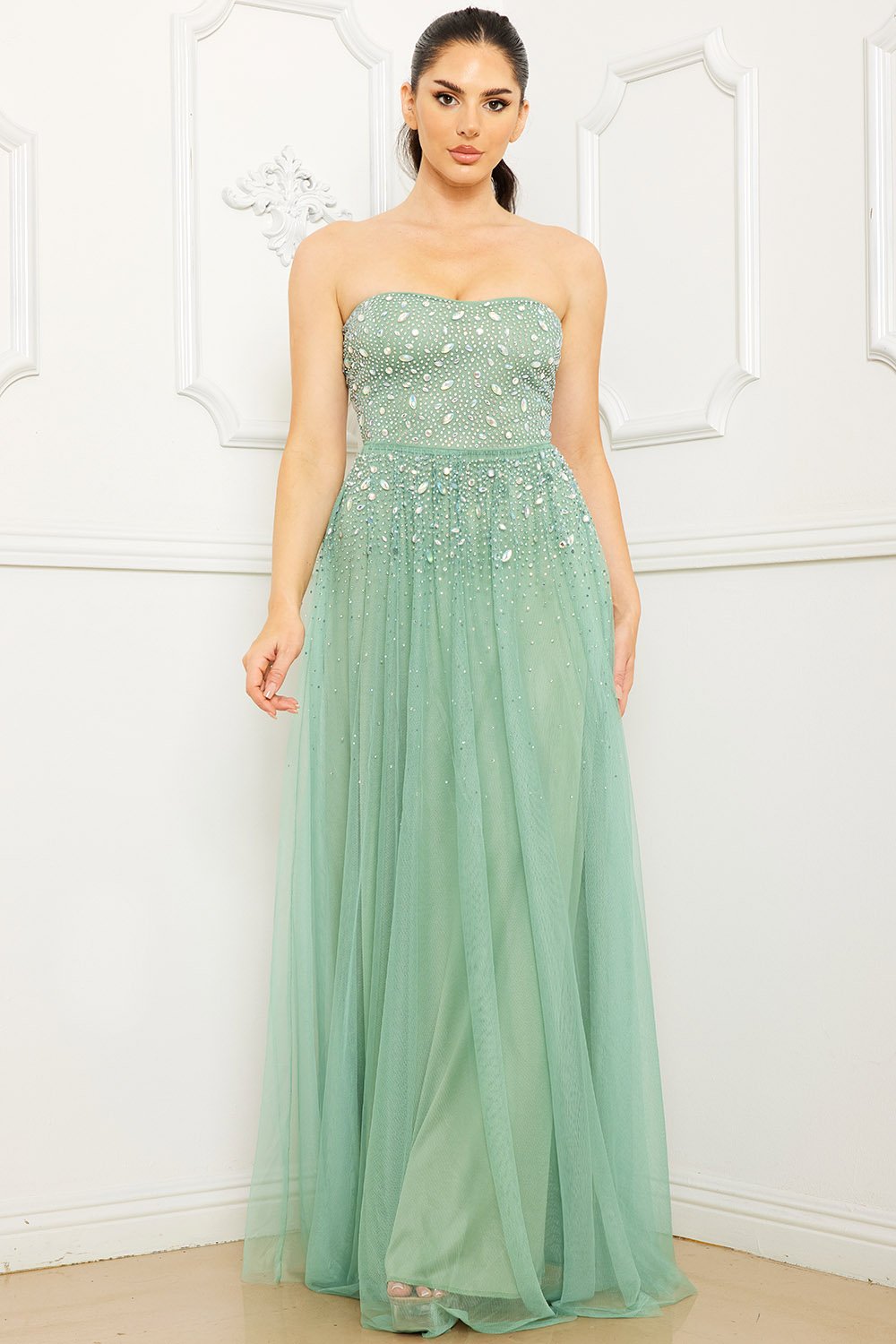 GLITTERED AND RHINESTONE TUBETOP MAXI DRESS