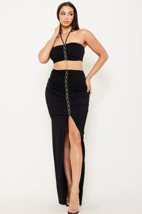 METAL CHAIN FRONT HALTER TOP TWO PIECE MAXI DRESS