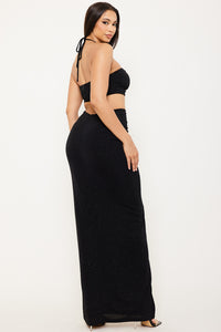 METAL CHAIN FRONT HALTER TOP TWO PIECE MAXI DRESS