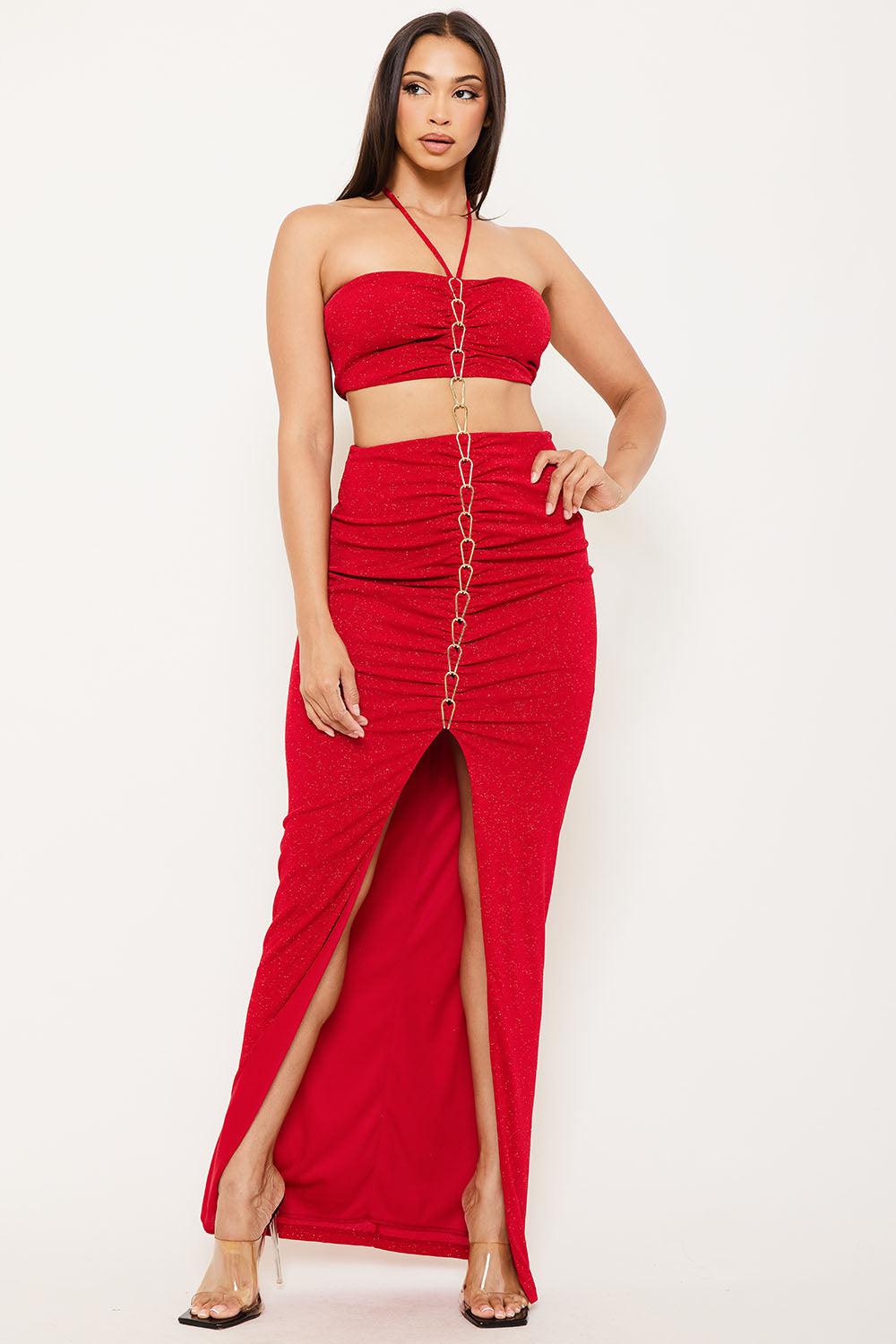 METAL CHAIN FRONT HALTER TOP TWO PIECE MAXI DRESS