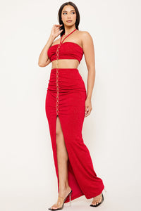 METAL CHAIN FRONT HALTER TOP TWO PIECE MAXI DRESS