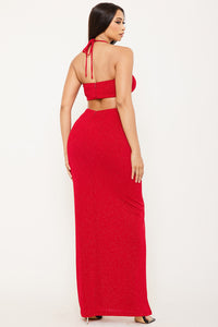 METAL CHAIN FRONT HALTER TOP TWO PIECE MAXI DRESS