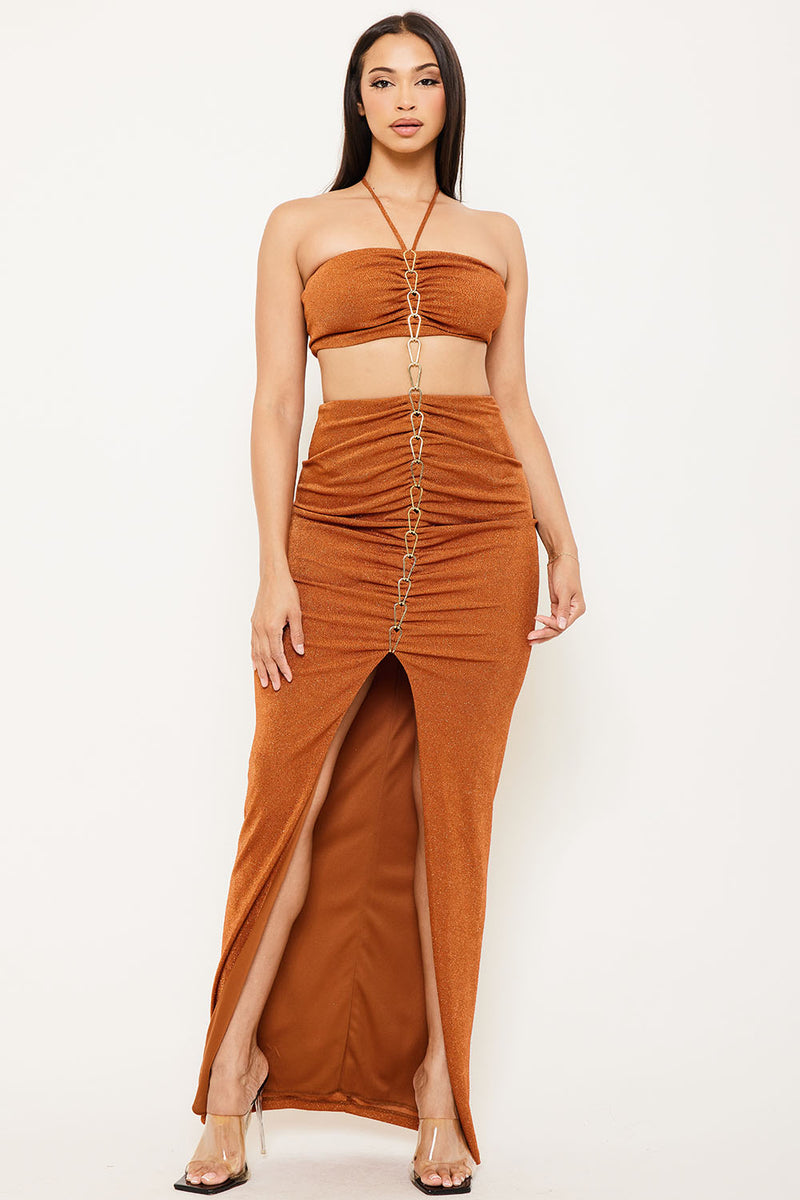 METAL CHAIN FRONT HALTER TOP TWO PIECE MAXI DRESS