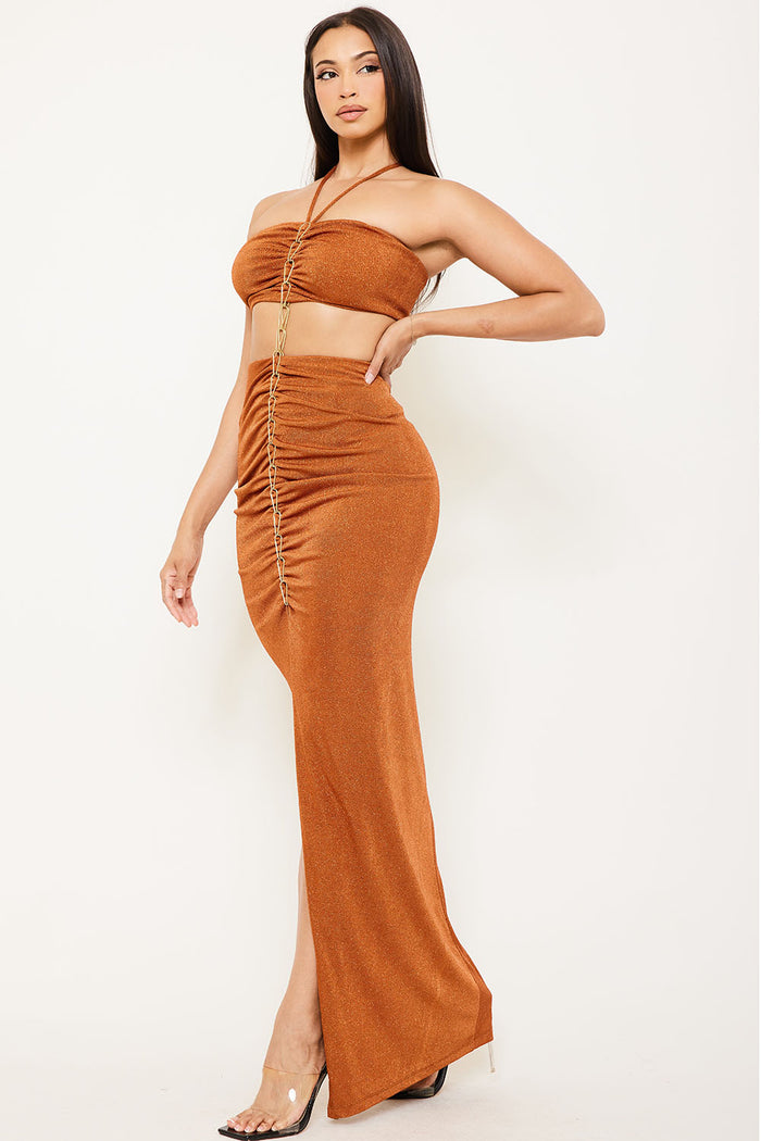 METAL CHAIN FRONT HALTER TOP TWO PIECE MAXI DRESS