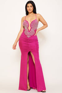 RHINESTONE WITH SHIRRING ON THE SIDE MAXI DRESS