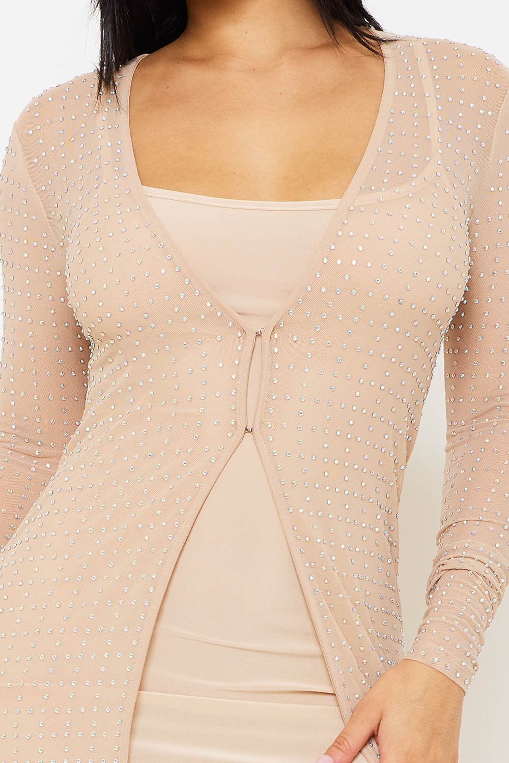 RHINESTONE SQUARE PATTERN MESH SHEER CARDIGAN JACKET