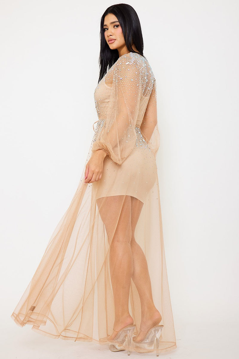 RHINESTONE SHEER MESH LONG CARDIGAN JACKET