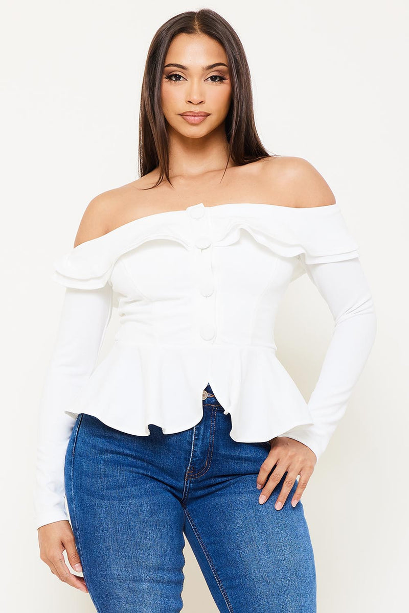 OFF THE SHOULDER RUFFLE PEPLUM JACKET