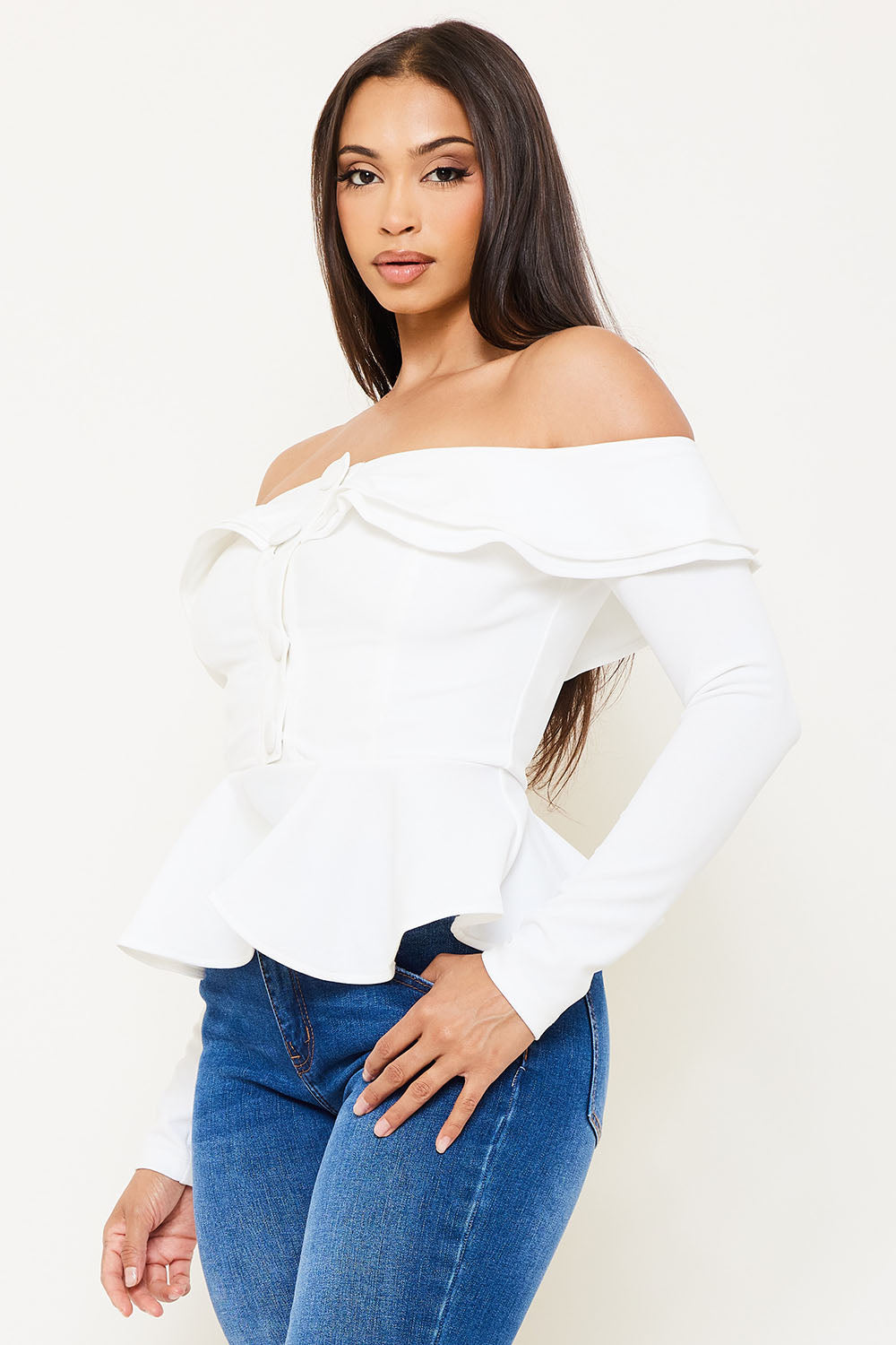 OFF THE SHOULDER RUFFLE PEPLUM JACKET