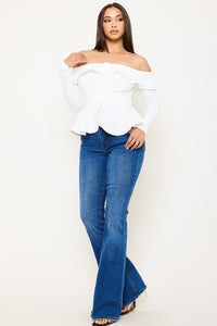 OFF THE SHOULDER RUFFLE PEPLUM JACKET