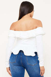 OFF THE SHOULDER RUFFLE PEPLUM JACKET