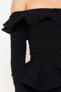 OFF THE SHOULDER RUFFLE PEPLUM JACKET