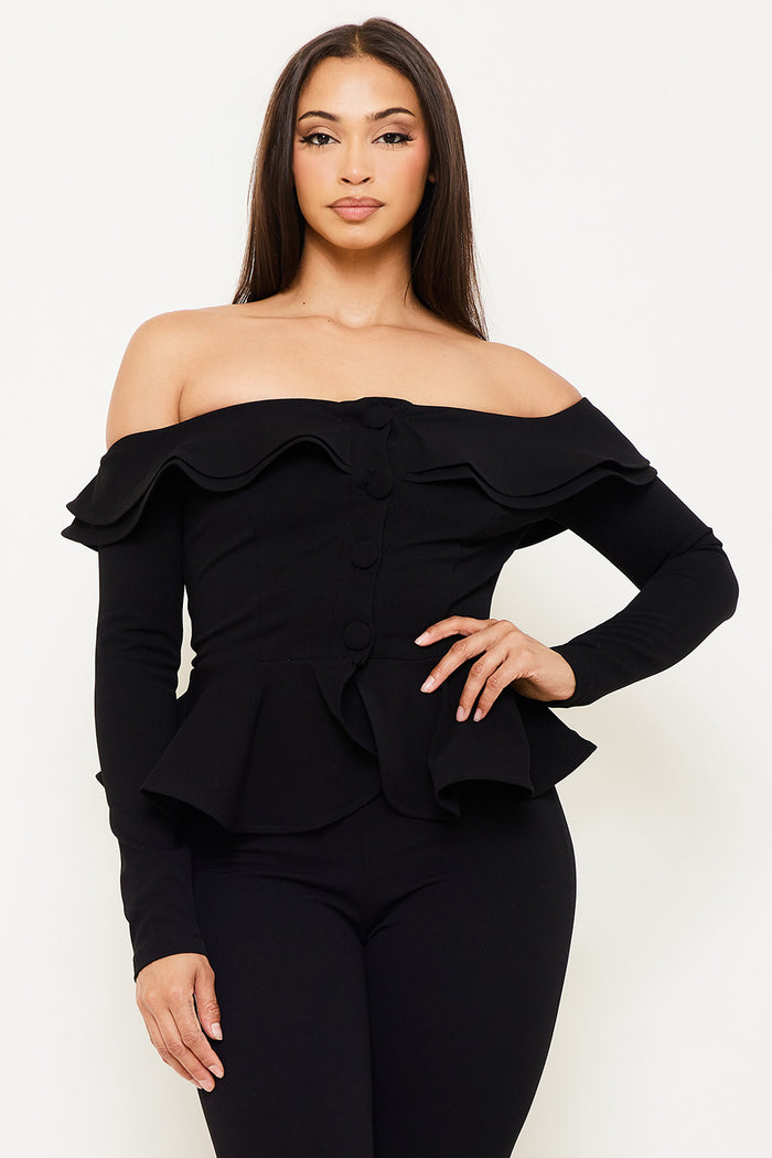 OFF THE SHOULDER RUFFLE PEPLUM JACKET