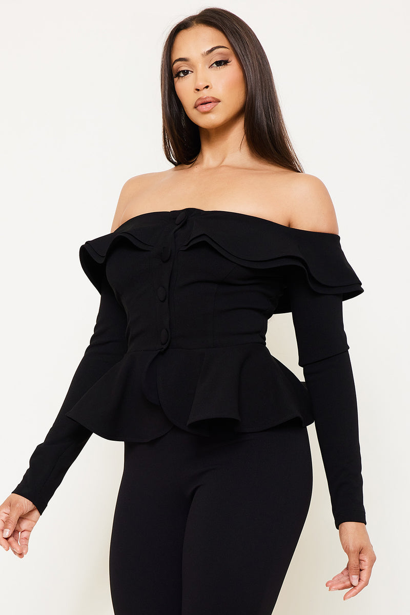 OFF THE SHOULDER RUFFLE PEPLUM JACKET