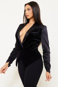 FAUX LEATHER WITH VELVET PANELED SUIT JACKET