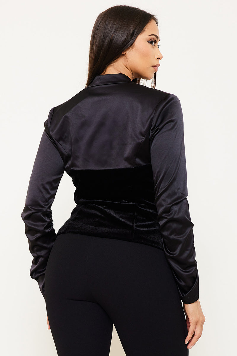 FAUX LEATHER WITH VELVET PANELED SUIT JACKET