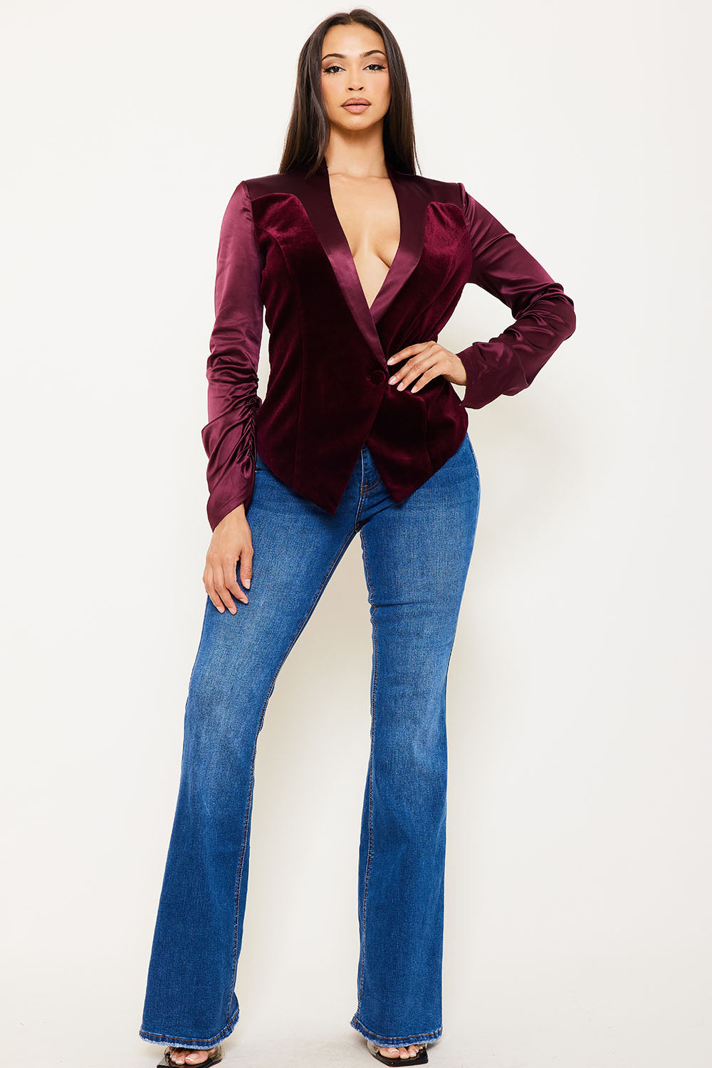 FAUX LEATHER WITH VELVET PANELED SUIT JACKET