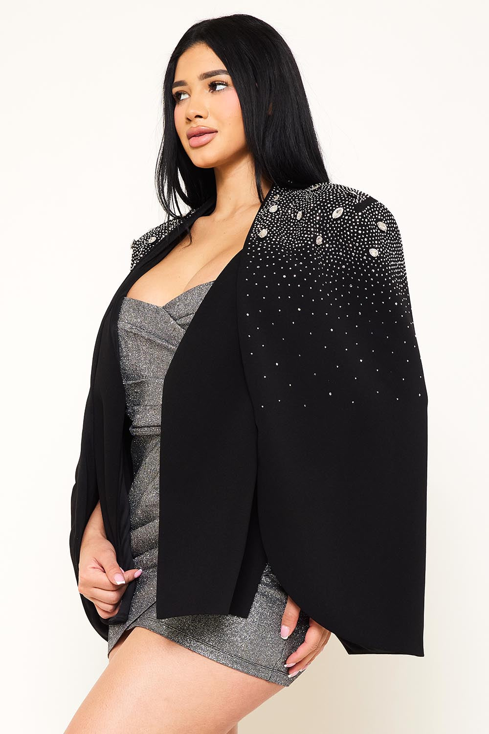 TEARDROP AND ROUND RHINESTONE CAPE SLIM JACKET