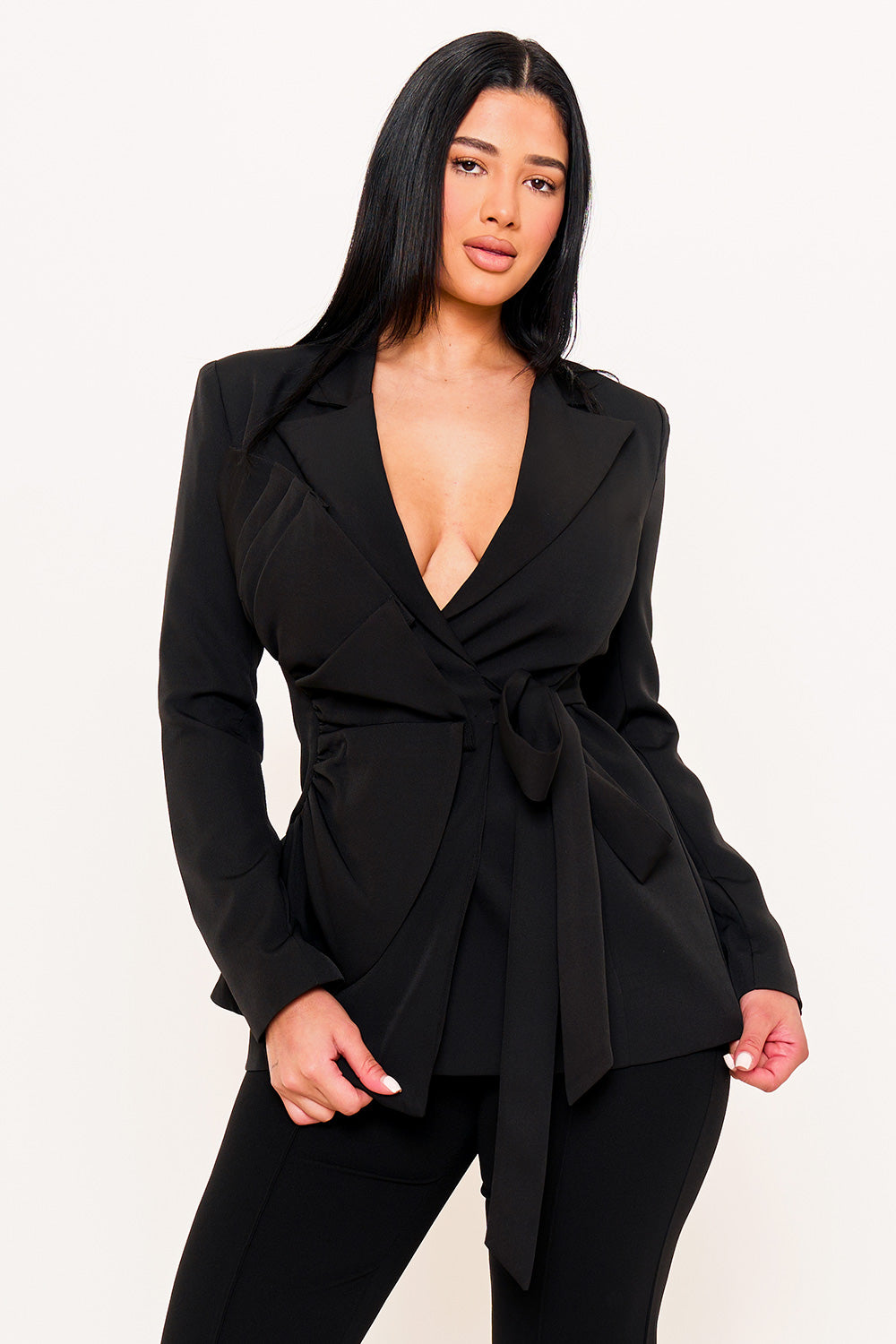 RUFFLE ON ONE-SIDE WAIST SELF TIE JACKET