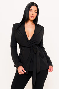 RUFFLE ON ONE-SIDE WAIST SELF TIE JACKET