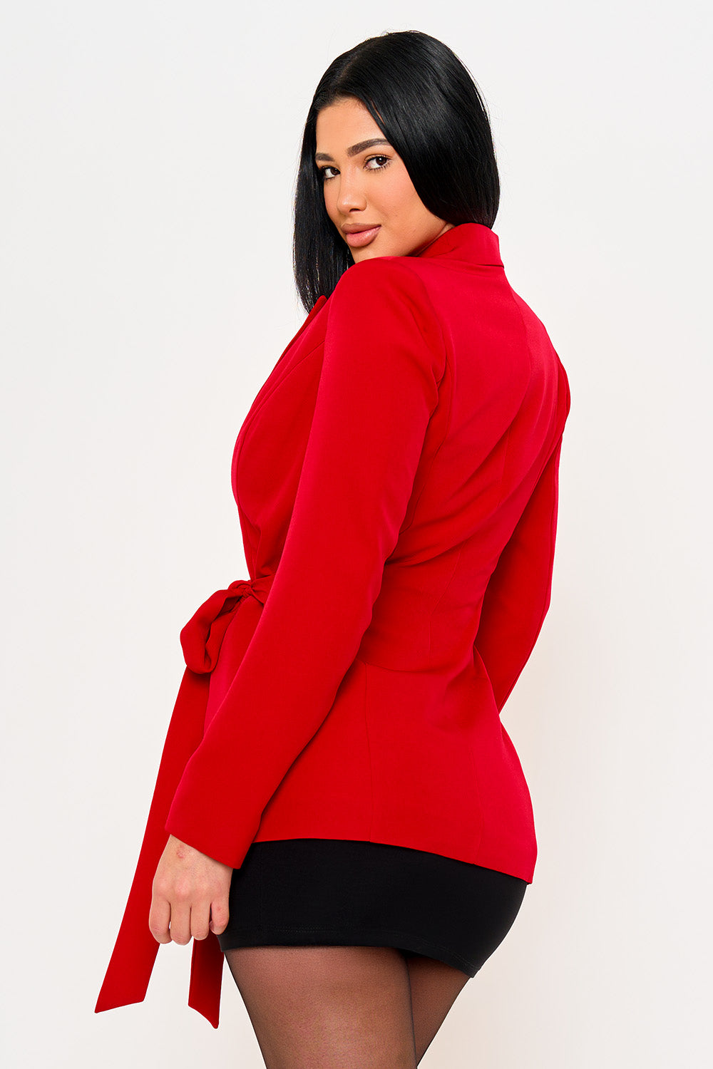 RUFFLE ON ONE-SIDE WAIST SELF TIE JACKET