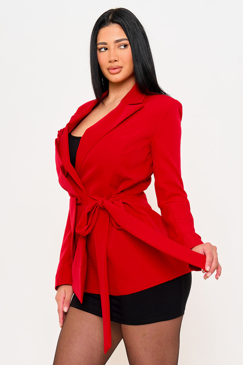 RUFFLE ON ONE-SIDE WAIST SELF TIE JACKET