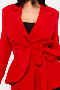 RUFFLE ON ONE-SIDE WAIST SELF TIE JACKET