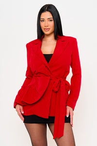 RUFFLE ON ONE-SIDE WAIST SELF TIE JACKET