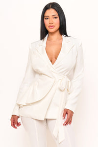 RUFFLE ON ONE-SIDE WAIST SELF TIE JACKET