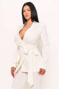RUFFLE ON ONE-SIDE WAIST SELF TIE JACKET