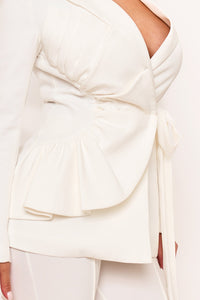 RUFFLE ON ONE-SIDE WAIST SELF TIE JACKET
