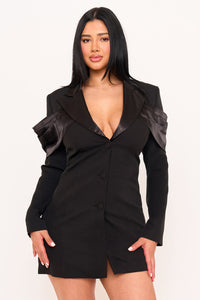 SATIN AND TECHNO CREPE CONTRAST SUIT MINI DRESS