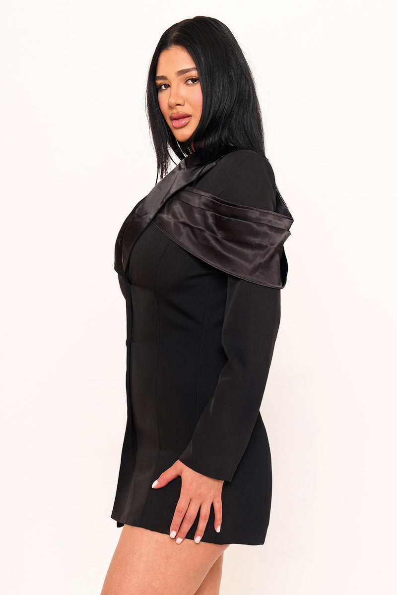 SATIN AND TECHNO CREPE CONTRAST SUIT MINI DRESS