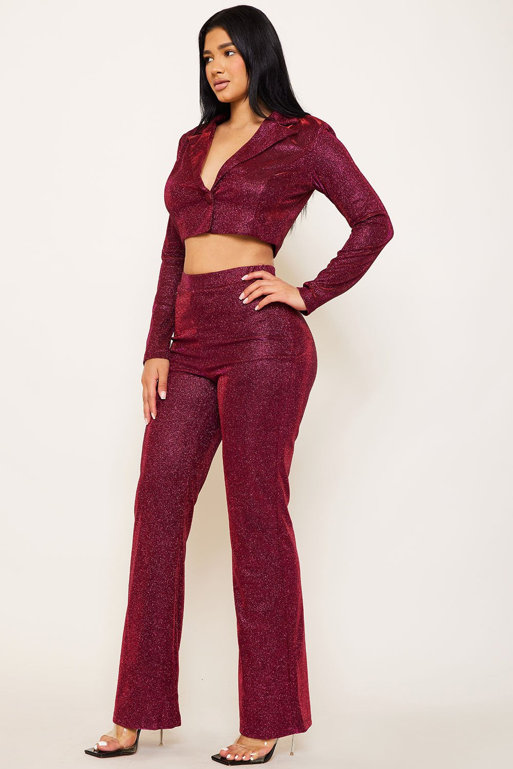 GLITTERED FABRIC SUIT TOP AND BOTTOM SET