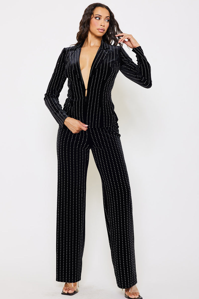 RHINESTONE STRIPED VELVET JACKET AND PANT SUIT SET