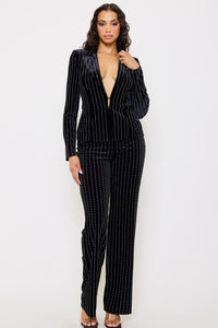 RHINESTONE STRIPED VELVET JACKET AND PANT SUIT SET